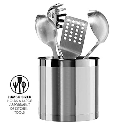 Oggi Stainless Steel Jumbo Utensil Holder - 7" Utensil Caddy, Weighted Base for Stability - Extra Large Utensil Crock and Countertop Utensil Organizer, Stainless Steel