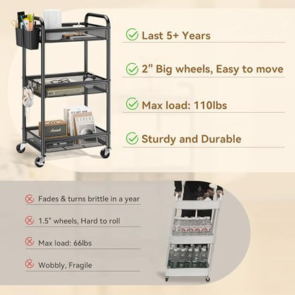 3 Tier Metal Rolling Cart, Black Utility Storage Cart with Wheels | Metal Mesh Craft Cart With Hooks & Hanging Cups, Ideal For Kitchen, Bathroom, Office, Dorm, Art Workspace, Bedside Storage