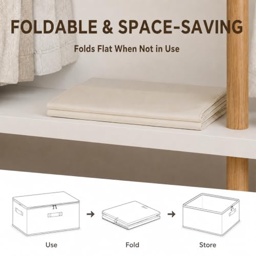6Pack Canvas Storage Bags for Clothes & Comforters with Clear Window, Beige | 70L Large Capacity, Cotton Linen Fabric, Reinforced Handles, Foldable Design for King Comforters, Clothes and Blanket Storage