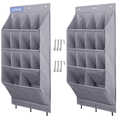 FENTEC 2 Pack Over the Door Shoe Organizer, Hanging Shoe Organizer Rack,24 Large Pockets and 4 Larger Storage Various Compartments with 6 Hooks, Home Accessories, Grey