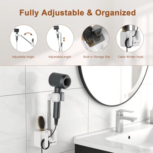 Hands Free Hair Dryer Holder Wall Mount, Anti-Shake Blow Dryer Stand with Storage Slot, Drill-Free Adhesive or Screw Installation, Height & Front-Back Adjustable Arm, Bathroom Organizer(White)