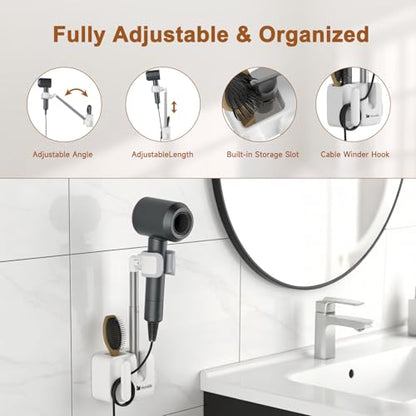 Hands Free Hair Dryer Holder Wall Mount, Anti-Shake Blow Dryer Stand with Storage Slot, Drill-Free Adhesive or Screw Installation, Height & Front-Back Adjustable Arm, Bathroom Organizer(White)