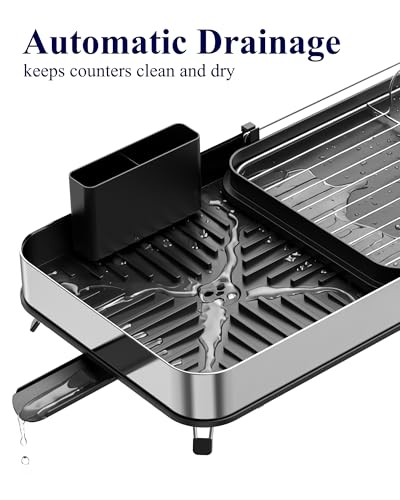 Kitsure Expandable Metal Dish Drying Rack, 16.1-26.6" L x 12.6" W, Black | Dish Racks for Kitchen Counter, Auto-Drain Drying Rack for Kitchen, Cutlery Holder, Non-Slip Feet, Anti-fall Fence