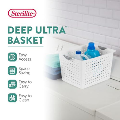 Sterilite Deep Ultra™ Basket, Open Plastic Storage Bin, White, 6 Pack | Large Open Containers and Bins for Pantry Shelves, Kitchen Cabinets, Laundry, Closets, Dorm Rooms, Classrooms & Bathrooms