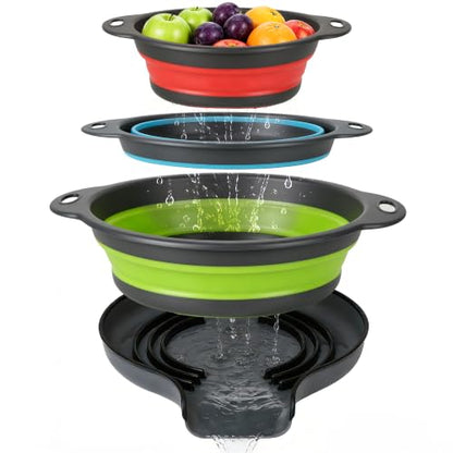 3-Pack Collapsible Colander for Kitchen with Self-Draining Base Foldable Strainers Set Round Silicone Food Drainer for Pasta Fruits and Vegetables (3QT, 4QT and 5QT)