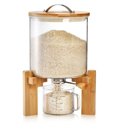 5L Glass Rice Dispenser, Cereal Container with Bamboo Stand, Large Airtight Food Storage Bin, Rice Organization Tank with Measuring Cup for Grain Coffee Beans Dry Food