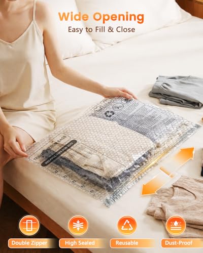 15 Pack Vacuum Seal Bags for Clothing Travel with -60KPa Rechargeable Wireless Pump, Space Saver Compression Vacuum Storage Bags in Multiple Carry-On Sizes for Luggage, Suitcase and Seasonal Storage
