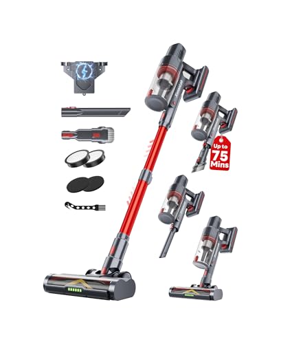 Cordless Vacuum Cleaner, 75Mins/55KPa/650W, Rechargeable | Anti-Static&Anti-Tangle Brush, Extra Replacement Washable HEPA Filter, for Hard Floor, Carpet, Pet Hair, Freestanding