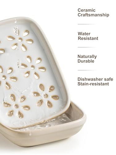Miamolo Soap Dish for Shower with Drainage, Double Layer Bar Soap Holder, Ceramic Soap Saver Sponge Holder for Bathroom, Tub and Kitchen Sink, Slotted Draining Soap Dishes Extend Soap Life, Beige