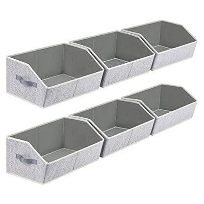Closet Organizers Bins 6 Packs - Large Closet Shelf Organizer with Handles, Fabric Trapezoid Storage Bins, Collapsible Storage Cubes for Clothes, Towels, Light Gray