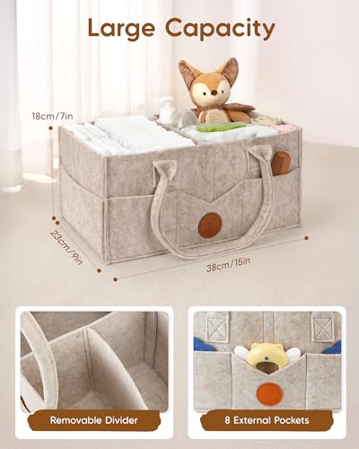 Maliton Felt Diaper Caddy Organizer for Changing Table - Large, Khaki | 15x9x7" Portable Nursery Storage Bin and Car Organizer for Diapers, Wipes. Boy & Girl Shower Gift Basket, Baby Essentials