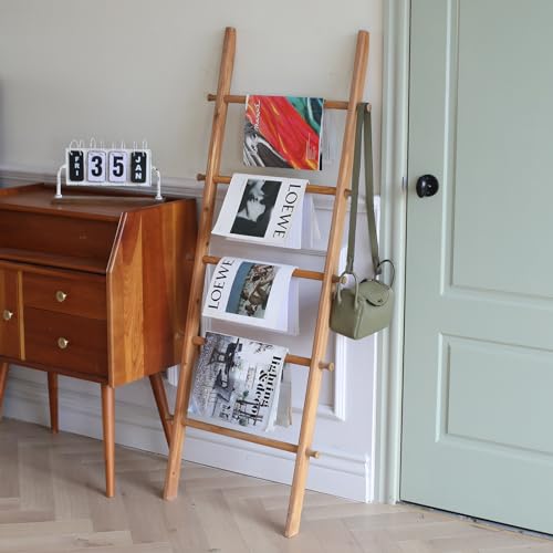 Blanket Ladder, 57in Rustic Extended Side Wood Decor Rack, Light Brown | 5 rungs, farmhouse quilt display holder, organize towel, hanging bags, leaning wall, bathroom and living room use