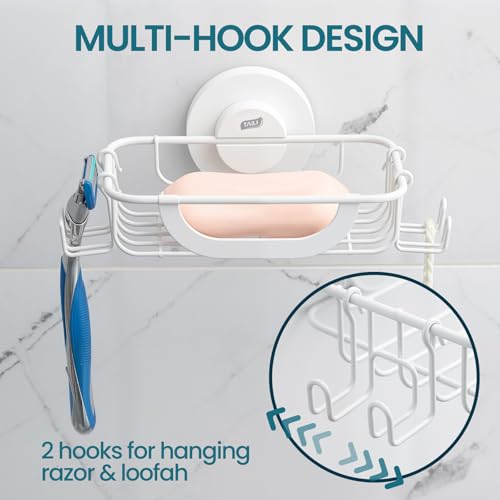 TAILI Soap Holder, Soap Dish Suction Cup with Hooks, Stainless Steel, White | Soap Dish for Shower, Bathroom Bar soap holder Shower Wall, Stainless Steel Sponge Holder for Tub Kitchen