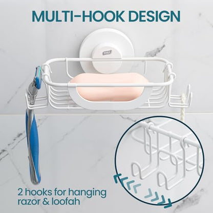 TAILI Soap Holder, Soap Dish Suction Cup with Hooks, Stainless Steel, White | Soap Dish for Shower, Bathroom Bar soap holder Shower Wall, Stainless Steel Sponge Holder for Tub Kitchen