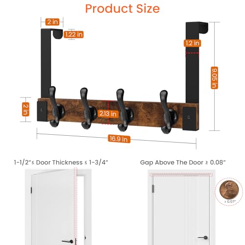 Over The Door Hooks Heavy Duty, Wood Over Door Hanger Hook with Coat Hooks for Hanging Towels, Clothes, Hats, Bags - Rustic Brown Black