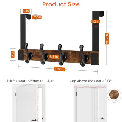 Over The Door Hooks Heavy Duty, Wood Over Door Hanger Hook with Coat Hooks for Hanging Towels, Clothes, Hats, Bags - Rustic Brown Black