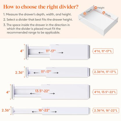 Lifewit 5 Pack Upgrade Drawer Dividers for Clothes, 4" High 11"-17" Adjustable Dresser Drawer Organizers, Expandable White Plastic Drawer Separators for Kitchen, Nursery, Office Organization & Storage