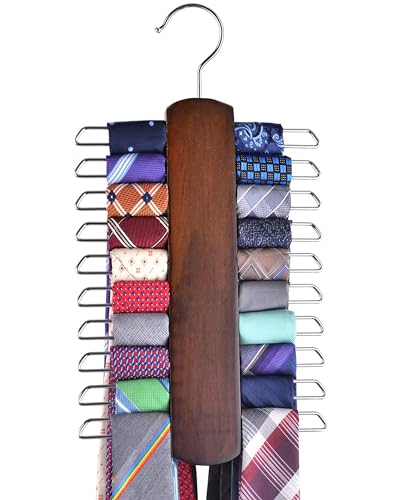 Premium Wooden Necktie and Belt Hanger, Walnut Wood Center Organizer and Storage Rack with a Non-Slip Finish - 20 Hooks (Wooden)…