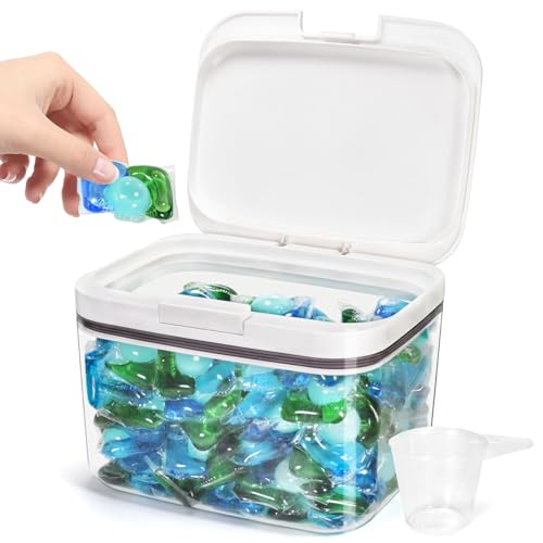 Pensino Laundry Pods Container Holder with Lid, Laundry Room Storage Container for Detergent Pods Laundry Powder Scent Booster Container with Scoop