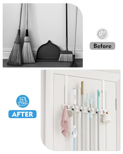 Over the Door Broom and Mop Holder, Broom Hanger, 4 Slots & 4 Hooks | No Drilling Required, Wood and Metal Build, EVA Door Protection Pads, Secure Grip Slots, Closet Garage Laundry Use, White