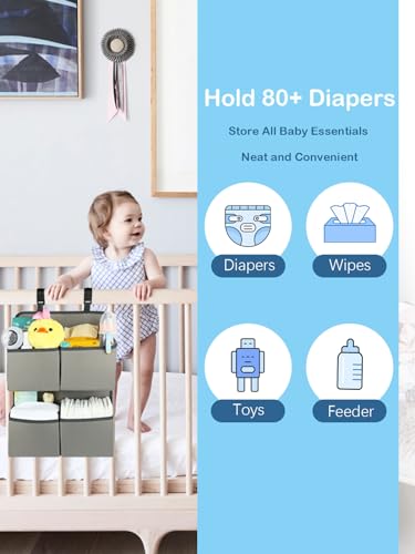 Hanging Diaper Organizer for Crib/Playpen/Bassinet/Playard – Hold 80+ Diapers - 4 Deep Pockets- Changing Table Diaper Holder Bag- Diaper Storage for Newborn Baby Essentials Stacker Caddy, Gray