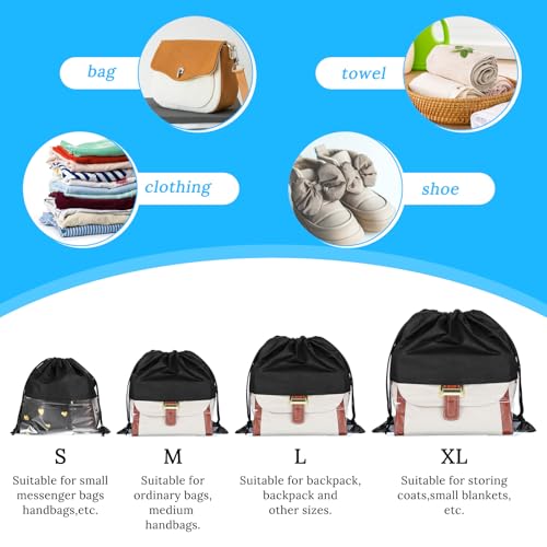 12 Pcs Dustproof Drawstring Bags for Handbags Purse Dust Bags Shoe Bags for Travel Dust Storage Bags Covers String Packing Organizer (Black, 4 Sizes)