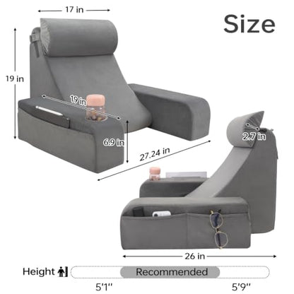 19" Reading Pillow for Bed with Firm Back Support & Big Pockets | Back Pillow for Bed Sitting Up/Watching TV/Nursing/Recovery/Gaming,with Cup Space,High Density Foam Filling,Stone Grey