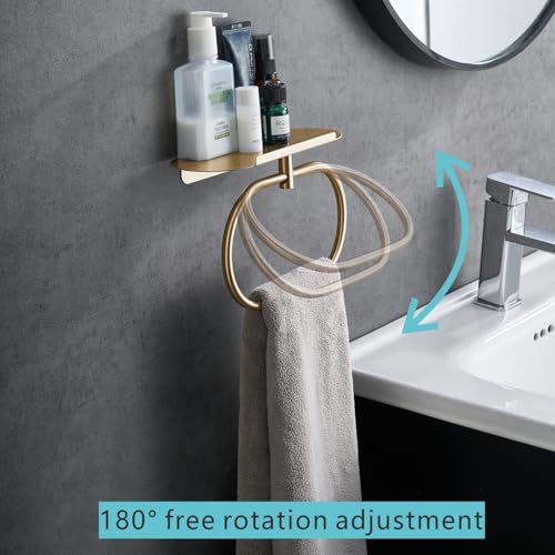 Towel Ring with Shelf, Heavy Duty Stainless Steel Bathroom Hardware, Adhesive No-Drill or Drill Mount Wall Mounted Towel Holder for Bathroom and Kitchen (Gold)
