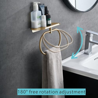 Towel Ring with Shelf, Heavy Duty Stainless Steel Bathroom Hardware, Adhesive No-Drill or Drill Mount Wall Mounted Towel Holder for Bathroom and Kitchen (Gold)