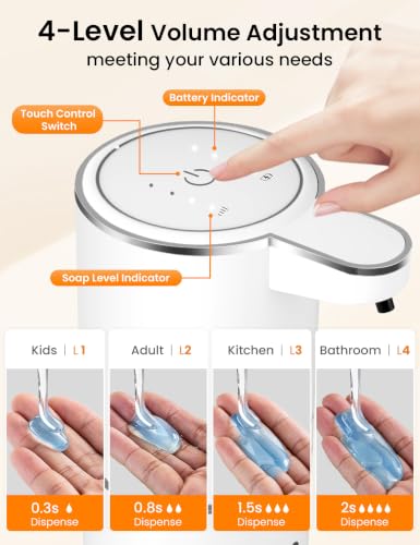 Automatic Soap Dispenser Touchless, USB Rechargeable Hand Soap Dispenser, 4 Adjustable Soap Levels, IPX5 Waterproof, 12.8oz/380ml, Countertop or Wall Mounted for Bathroom and Kitchen, White