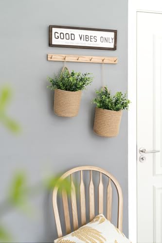 Dahey 2 Pack Woven Hanging Wall Basket 6.5"W×7"H with Artificial Eucalyptus | Easy Hanging Design, Jute Multi-Use Storage Basket, Holds Artificial Plants Flowers ＆ Utensils, Farmhouse Kitchen Wall Decor