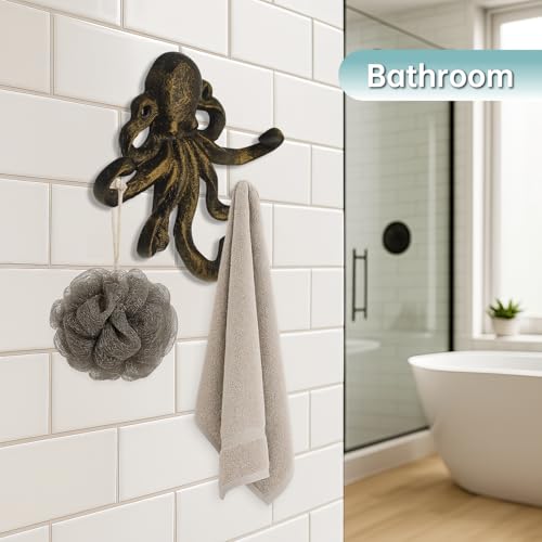Octopus Cast Iron Wall Hook – Nautical Decorative Key Holder, Coastal Ocean Theme Animal Hook for Entryway, Bathroom, or Bedroom, Heavy Duty Antique Bronze