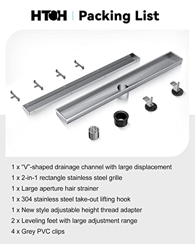 2-in-1 Linear Shower Drain 24" Brushed Nickel, with Tile Insert Grate | 304 Stainless Steel, Rectangle Shower Floor Drain, with Leveling Feet, for Bathroom, Kitchen, Remodel Shower, Tile Floor