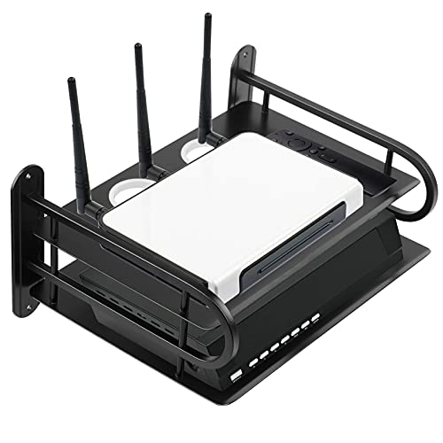 Black Metal Double Wireless WiFi Router Storage Box Wall Hanging Shelf with Cable Organizer, 2 Shelves, Large