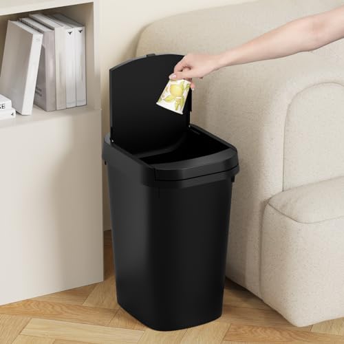KSSKSS 3 Pack Bathroom Small Trash Can with Lid, 2.6 Gallon Slim Garbage Bin with Pop-Up Lid, 10L Plastic Wastebasket for Bedroom, Office, Kitchen, Toilet (Matte Black)