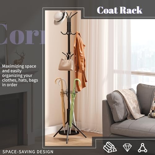 Coat Rack Freestanding,Entryway Hanger Stand,Umbrella Holder,Hall Tree With 12 Hooks, Floor Standing Metal Tree Stand,Black