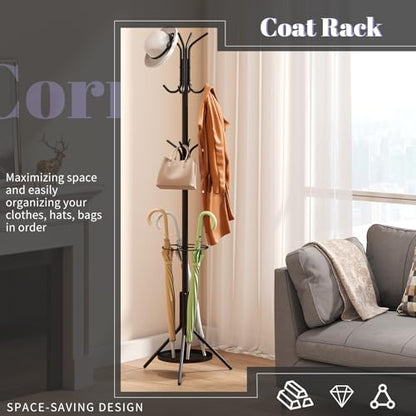 Coat Rack Freestanding,Entryway Hanger Stand,Umbrella Holder,Hall Tree With 12 Hooks, Floor Standing Metal Tree Stand,Black