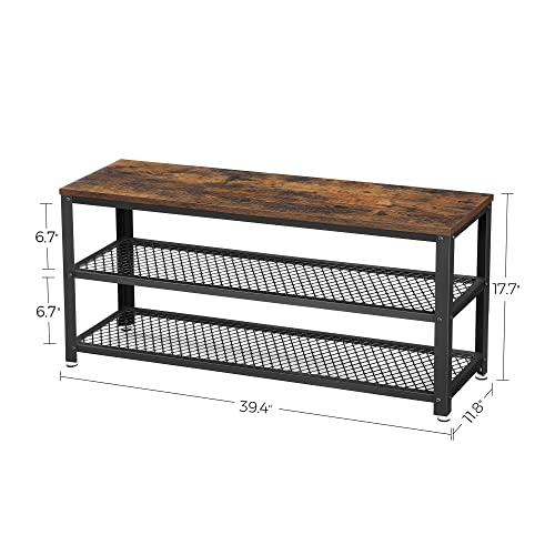 VASAGLE 3-Tier Shoe Rack, Shelf Storage Bench with Metal Mesh Shelves and Seat, Free Standing Shoe Organizer for Entryway, 11.8 x 39.4 x 17.7 Inches, Rustic Brown and Black ULBS078B01
