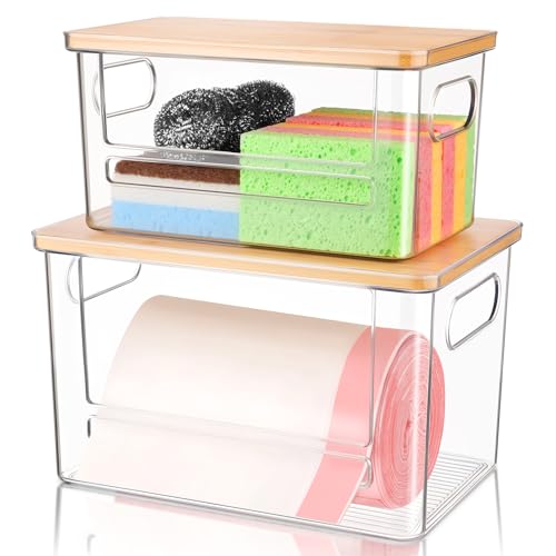 Trash Bag Holder Dispenser 2 Pack, Under Sink Organizer for Pantry, Kitchen | Acrylic Garbage Bag Dispenser, with Bamboo Top & Handles, Extra Large, Keep Onions and Potatoes Neat, Clear, Stackable, XL+S