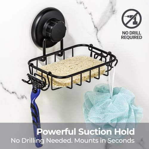 HASKO 2 Pack Suction Cup Soap Dish for Shower Wall, Rustproof Stainless Steel, Shower Soap Holder with Hooks, Includes Optional No Drill Adhesive Mount for Bathroom, 2 Soap Savers, Black