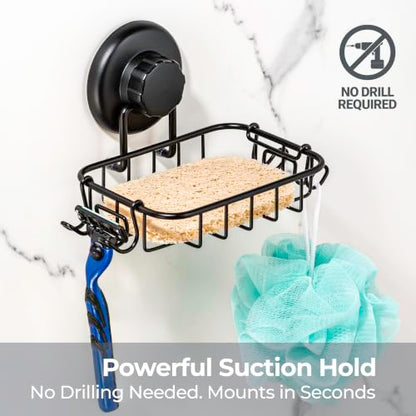 HASKO 2 Pack Suction Cup Soap Dish for Shower Wall, Rustproof Stainless Steel, Shower Soap Holder with Hooks, Includes Optional No Drill Adhesive Mount for Bathroom, 2 Soap Savers, Black