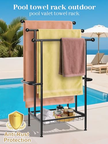 Freestanding Towel Rack for Bathroom, Pool & Outdoor, 3-Tier 39" Metal | Rust-resistant metal towel drying rack with storage basket, designed for oversized towels 24.4" L x 13" W x 39" H