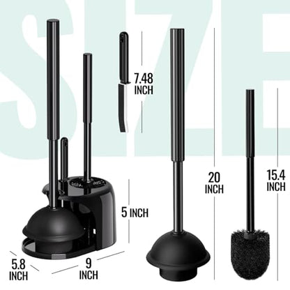 3 in 1 Toilet Brush and Plunger Set with Crevice Cleaning Brush, Toilet Plunger and Brush Set with Extra Long Handle, Plungers for Bathroom Accessories, Toilet Plunger with Holder, Black