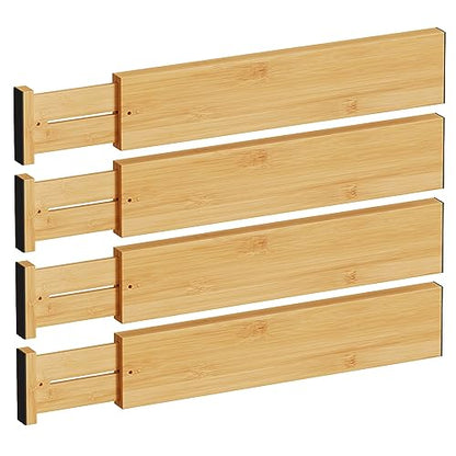 BAMEOS Bamboo Expandable Drawer Dividers – Fits 16.65"–22" Drawers, 4" Extra Deep Walls, Set of 4 | Maximum-Height Spring-Loaded Organizer for Deep Kitchen, Bathroom & Dresser Drawers