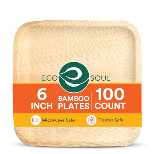 ECO SOUL 6 Inch Disposable Bamboo Plates (100 Pack, Square) | Premium, Natural, Food-Safe, Heavy Duty, Compostable, Eco-Friendly, Biodegradable, Best For Events, Parties, Weddings, BBQs