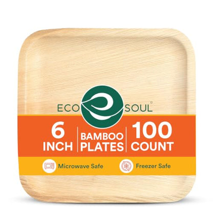 ECO SOUL 6 Inch Disposable Bamboo Plates (100 Pack, Square) | Premium, Natural, Food-Safe, Heavy Duty, Compostable, Eco-Friendly, Biodegradable, Best For Events, Parties, Weddings, BBQs