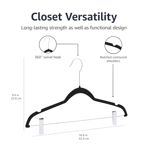 Amazon Basics Velvet Non-Slip Skirt Clothes Hangers with Clips, 360 Degree Rotatable Hook, Organize Pants and Skirts, Black/Silver, 24-Pack