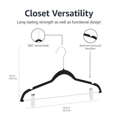 Amazon Basics Velvet Non-Slip Skirt Clothes Hangers with Clips, 360 Degree Rotatable Hook, Organize Pants and Skirts, Black/Silver, 24-Pack