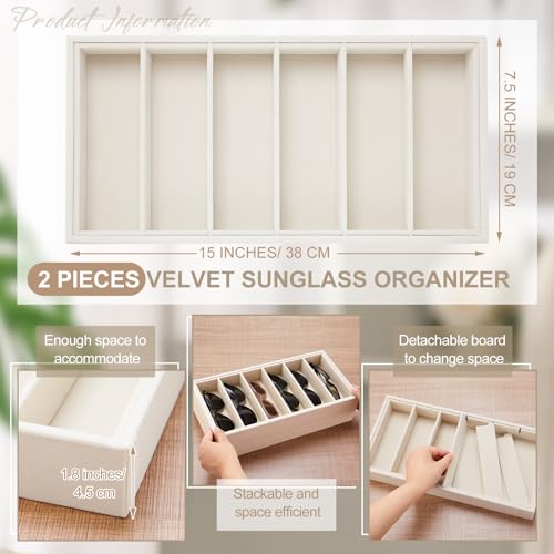 2 Pcs Velvet Sunglasses Organizer Tray 6 Grid Sunglass Organizer Velvet Tray Stackable Glasses Display Case for Women Glasses Jewelry Display Watch (Beige)