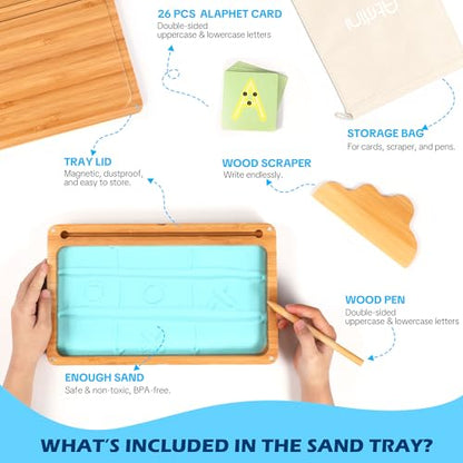 AtMini Montessori Sand Tray with Lid - Wooden Sand Trays for Kids Writing Letters and Numbers, Preschool Classroom Must Haves, Kindergarten Learning Tools (Blue)